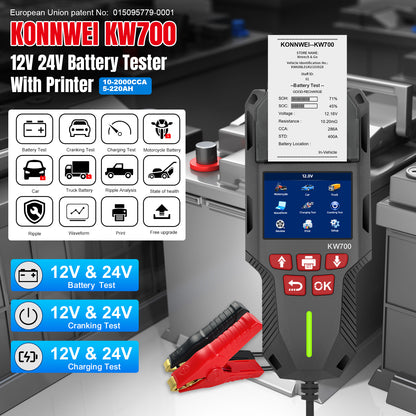KONNWEI KW700 Batteritester m/ Indbygget Printer – 12V &amp; 24V - BilligStyling