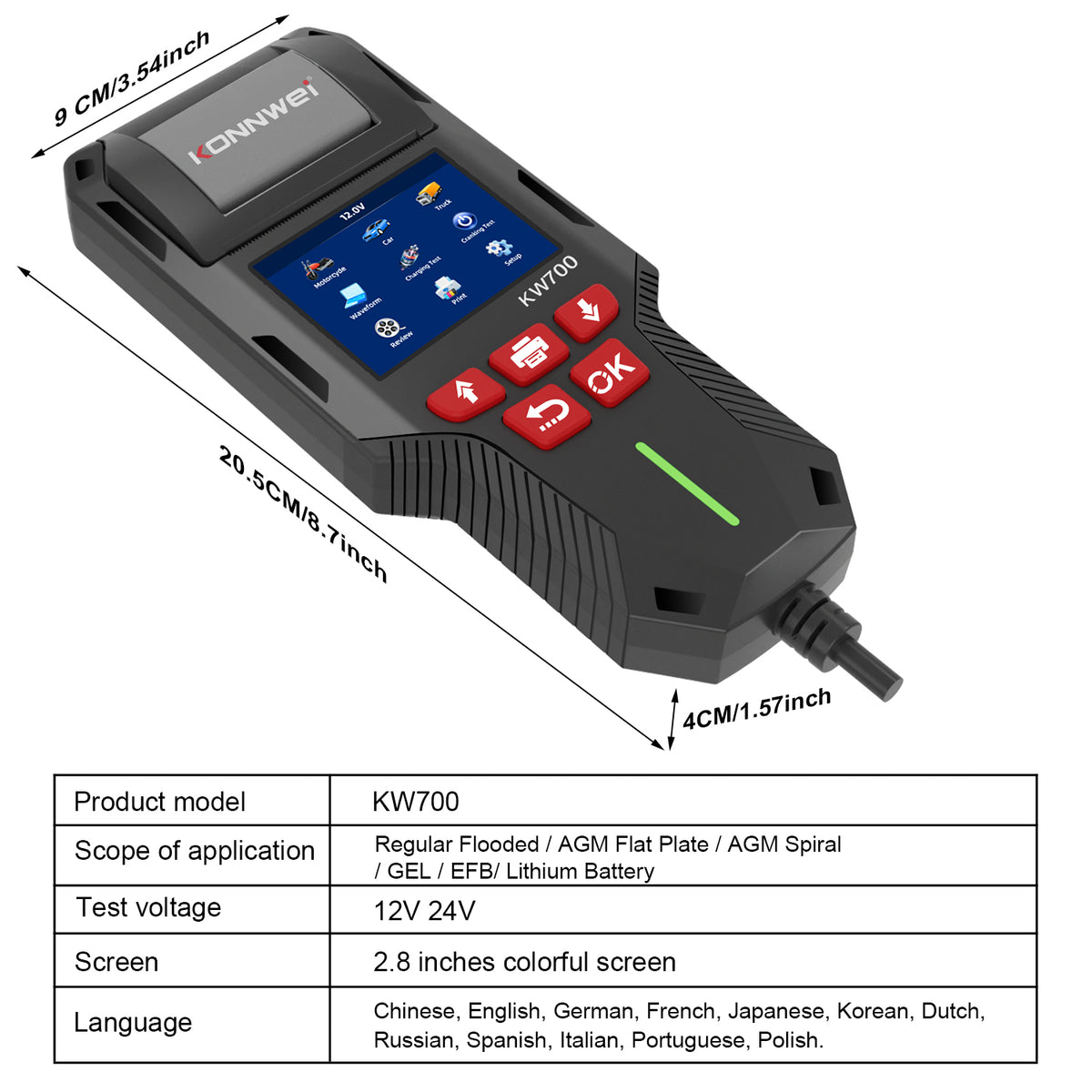 KONNWEI KW700 Batteritester m/ Indbygget Printer – 12V &amp; 24V - BilligStyling