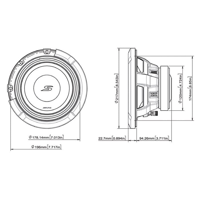 Alpine S2-W8D4 8" subwoofer dobbelt 4 ohm alpine